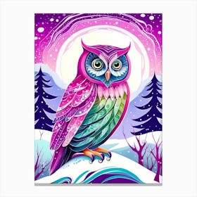 Pink Owl Snowy Landscape Painting (88) Canvas Print