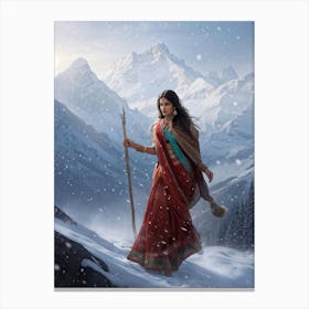 Indian Woman Embodying Grace As She Strides Towards Snowy Hills Trident In Hand Garments Billowin Canvas Print