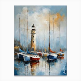 Calm Water Sailboats And Lighthouse 9 Canvas Print