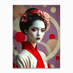 Geisha in Red-Pink Illustration-3 Canvas Print