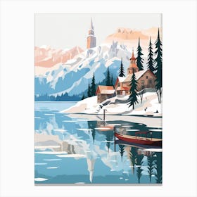 Retro Winter Illustration Lake Bled Slovenia 1 Canvas Print