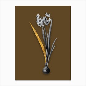 Vintage Daffodil Black and White Gold Leaf Floral Art on Coffee Brown Canvas Print