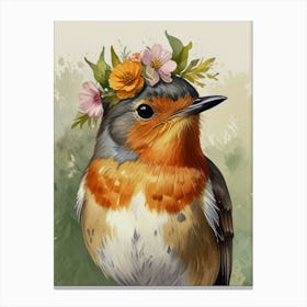 Robin With Flower1 Crown Style Watercolor Canvas Print