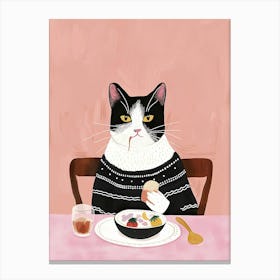 Black And White Cat Having Breakfast Folk Illustration 4 Canvas Print