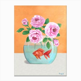 Goldfish And Pink Flowers Canvas Print