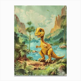 Vintage Cute Dinosaur By The River Painting Canvas Print