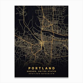 Portland Oregon Usa Black And Gold Map Canvas Print