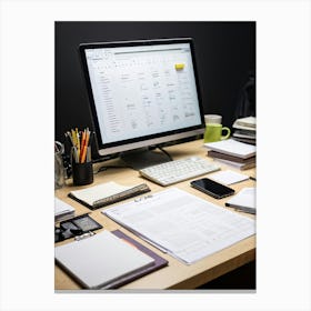 An Office Desk Laden With A Plethora Of Items Signifying A Chronically Busy Future Including Numerou (5) Canvas Print