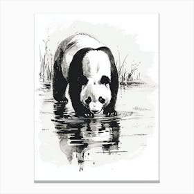 Giant Panda Drinking From A Tranquil Lake Ink Illustration 4 Canvas Print