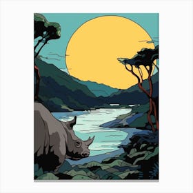 Rhino & The Sunset In The Dry Landscape 1 Canvas Print