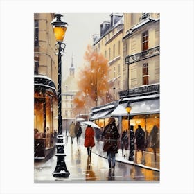 Paris cafes, winter season, Christmas, autumn oil colors, pale colors, pedestrians in the street, winter clothes, falling snow.9 1 Canvas Print