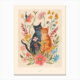 Folksy Floral Animal Drawing Cat 11 Poster Canvas Print