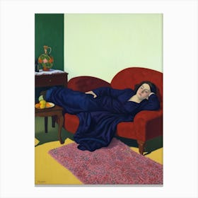 Woman Sleeping On A Red Couch Canvas Print