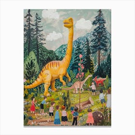 Dinosaur & Children In A Village Painting Canvas Print