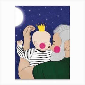 Father With Little Prince Or Princess Baby Sleeping Between The Stars Canvas Print