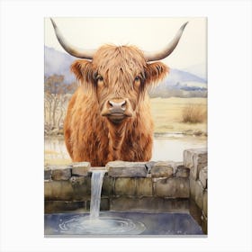 Highland Cow Drinking Out Of Brickwork Trough Canvas Print