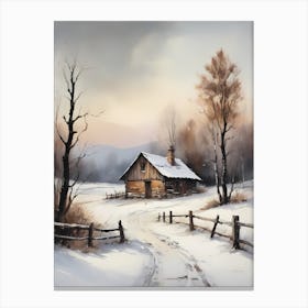 Rustic Winter Oil Painting Vintage Cottage (10) Canvas Print
