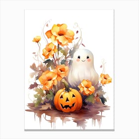 Cute Ghost With Pumpkins Halloween Watercolour 119 Canvas Print