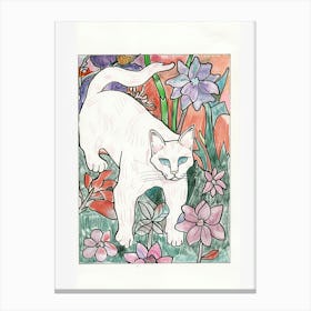 Cute White Cat With Flowers Illustration 1 Canvas Print