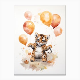 Tiger Flying With Autumn Fall Pumpkins And Balloons Watercolour Nursery 4 Canvas Print
