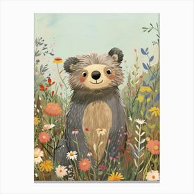 Sloth Bear Cub In A Field Of Flowers Storybook Illustration 1 Canvas Print