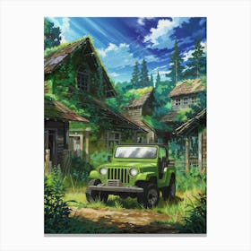 Anime Canvas Art: Overgrown Abandoned Village with Rustic Wooden Houses and Green Jeep, Vibrant Foliage and Blue Sky, Perfect for Lofi Aesthetic and Adventure Enthusiasts. 1 Canvas Print