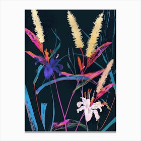 Neon Flowers On Black Fountain Grass 4 Canvas Print