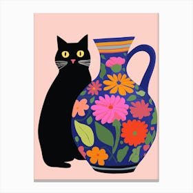Black Cat With Flowered Vase Canvas Print
