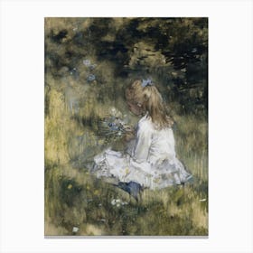 A Girl with Flowers on the Grass art print Canvas Print