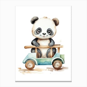 Baby Panda On A Toy Car, Watercolour Nursery 7 Canvas Print