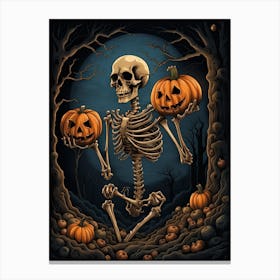 Halloween Skeleton Holding Pumpkins Canvas Print