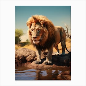 African Lion Drinking From A Stream Realistic 9 Canvas Print