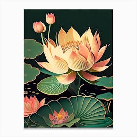 Lotus Flower In Garden Retro Illustration 3 Canvas Print