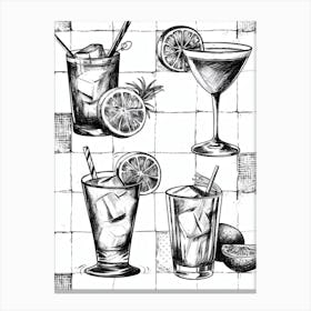 Black & White Sketch Of Cocktails Tile Canvas Print