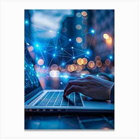 Person Using A Laptop In A City At Night Canvas Print