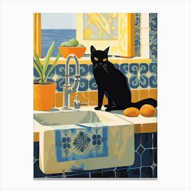 Black Cat In The Kitchen Sink, Mediterranean Style 2 Canvas Print