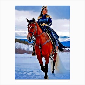 Princess In Blue Dress Riding On The Snowfield Canvas Print