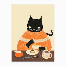 Black And Orange Cat Having Breakfast Folk Illustration 2 Canvas Print