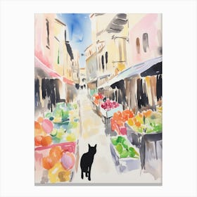 Food Market With Cats In Mallorca 2 Watercolour Canvas Print