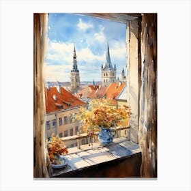Window View Of Tallinn Estonia In Autumn Fall, Watercolour 1 Canvas Print