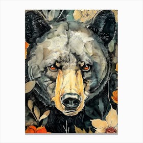 Black Bear With Flowers animal art Canvas Print