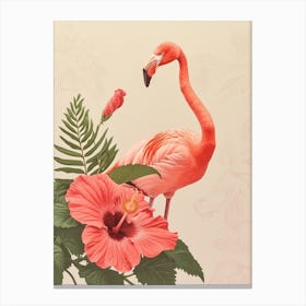 American Flamingo And Hibiscus Minimalist Illustration 3 Canvas Print