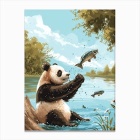 Giant Panda Catching Fish In A Tranquil Lake Storybook Illustration 3 Canvas Print