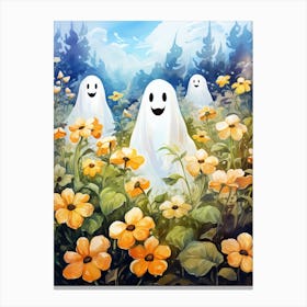 Cute Bedsheet Ghost, Botanical Halloween Watercolour 71 Canvas Print