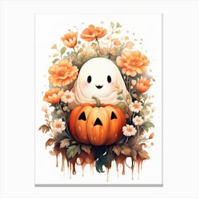 Cute Bedsheet Ghost, Botanical Halloween Watercolour 120 Canvas Print