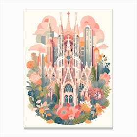 La Sagrada Família   Barcelona, Spain   Cute Botanical Illustration Travel 3 Canvas Print
