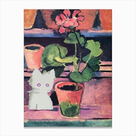 Pot Of Geraniums  Style With White Cat Canvas Print