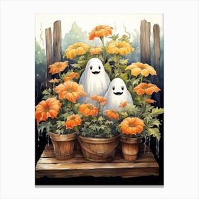 Cute Bedsheet Ghost, Botanical Halloween Watercolour 33 Canvas Print