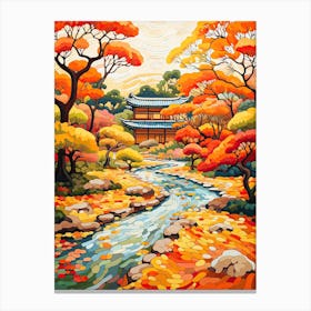 Ryoan Ji Garden, Japan In Autumn Fall Illustration 1 Canvas Print