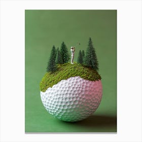 A Miniature Golfer Figurine on a Moss-covered Golf Ball 11 Canvas Print
